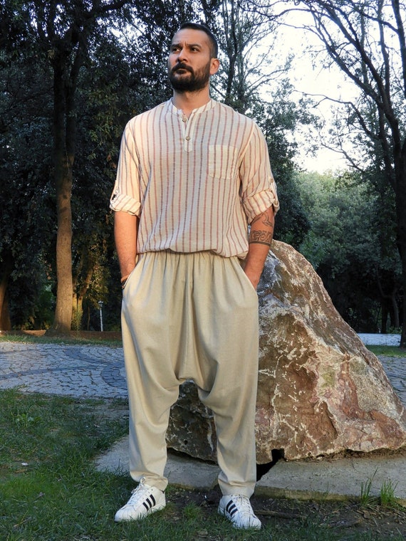 Mens Linen Pants, Linen Harem Pants, Drop Crotch Pants, Plus Size