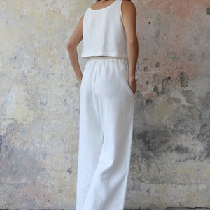 White Organic Linen Palazzo Pants: Women's Wide Leg Summer Trousers image 5