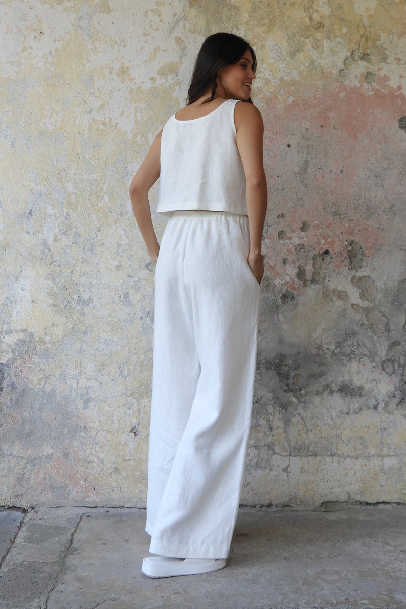 White Organic Linen Palazzo Pants: Women's Wide Leg Summer Trousers image 5