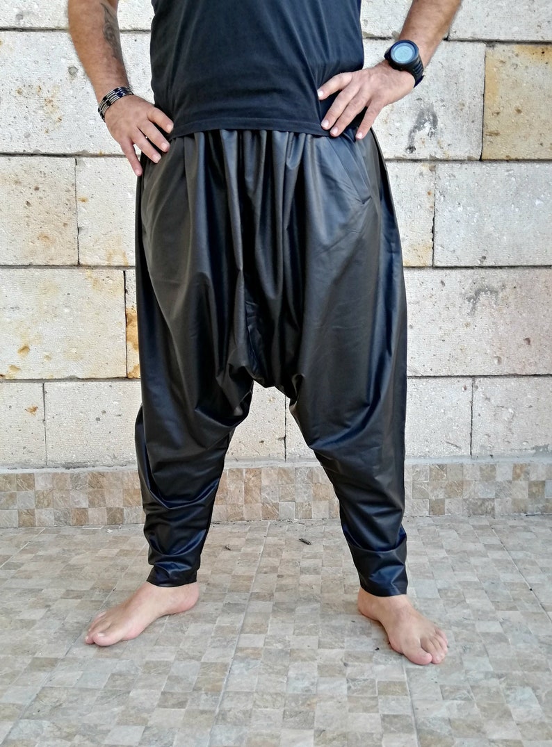 Black Vegan Leather Harem Pants: Festival Drop Crotch Sarouel image 1