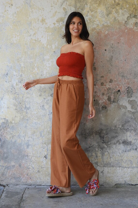 Low Rise Pants, Linen Cotton Pants for Women, Drawstring Linen