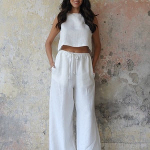 White Organic Linen Palazzo Pants: Women's Wide Leg Summer Trousers image 6