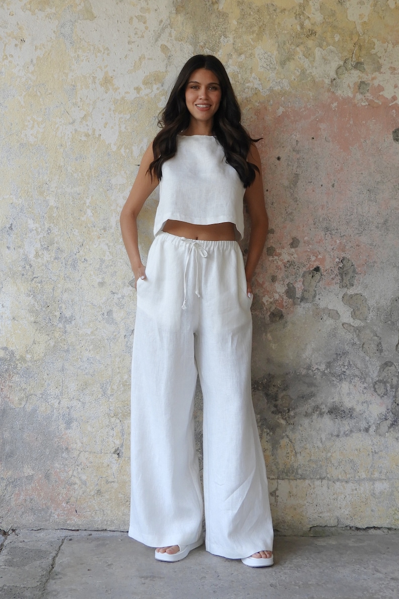 White Organic Linen Palazzo Pants: Women's Wide Leg Summer Trousers image 6
