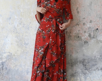 Summer Boho Wedding Guest Dress Floral Wrap Maxi Dress: Red Bohemian  Festival Wedding Guest Dress