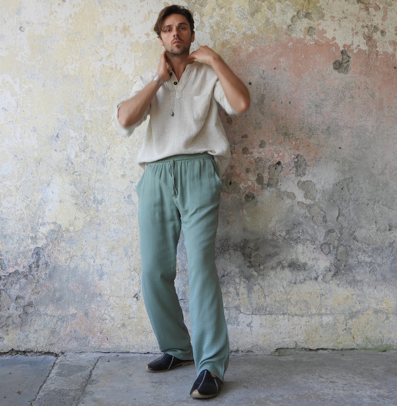 Organic Cotton Gauze Pants, Mens Summer Pants, Beach Pants Man, Big and