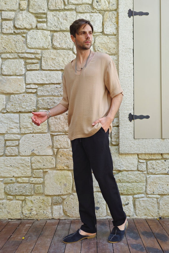 Black Linen Blend Pants: Men's Tapered Drawstring Trousers Black Linen Blend Pants: Men's Tapered Drawstring Trousers