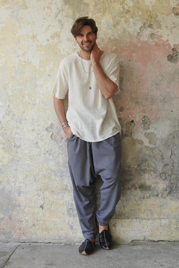 Linen Blend Harem Pants: Gray Baggy Cotton Sarouel, Big & Tall