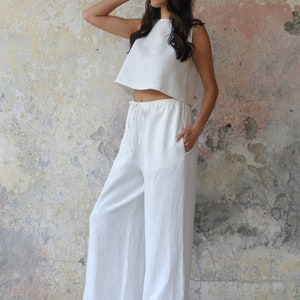 White Organic Linen Palazzo Pants: Women's Wide Leg Summer Trousers image 3