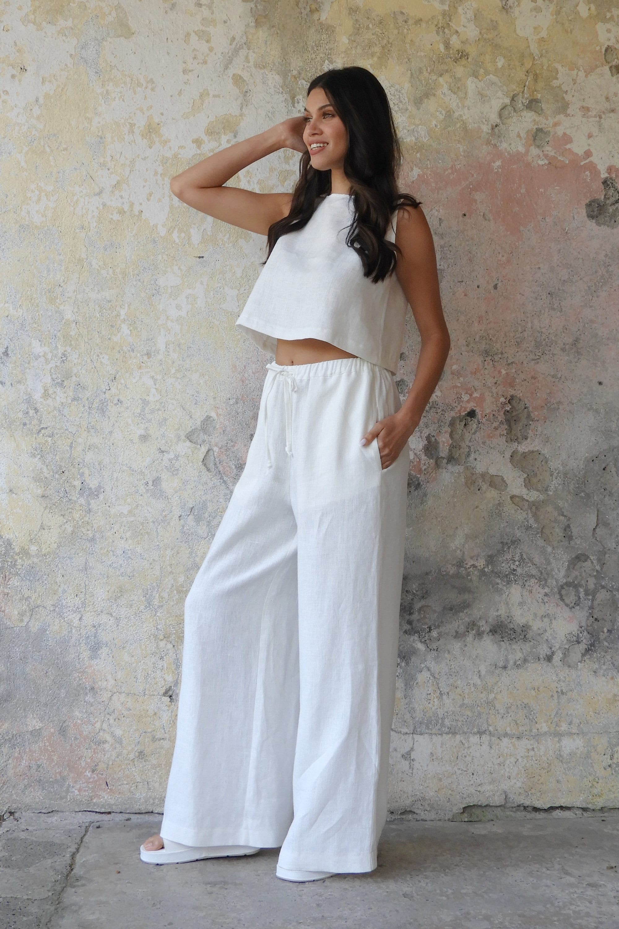 White Linen Pants Women, Wide Leg Linen Pants, Palazzo Pants White