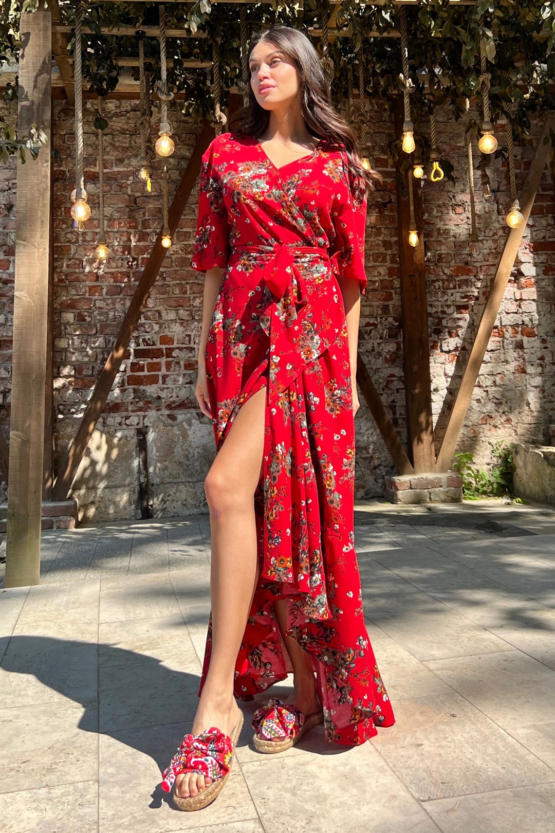 Vintage Red Print Chiffon Beach Maxi Dress Summer Plus Size