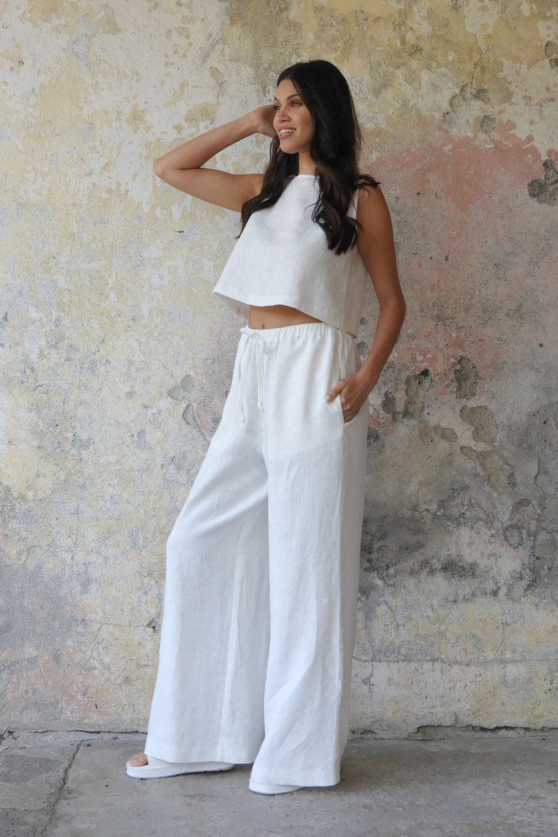 White Organic Linen Palazzo Pants: Women's Wide Leg Summer Trousers image 7