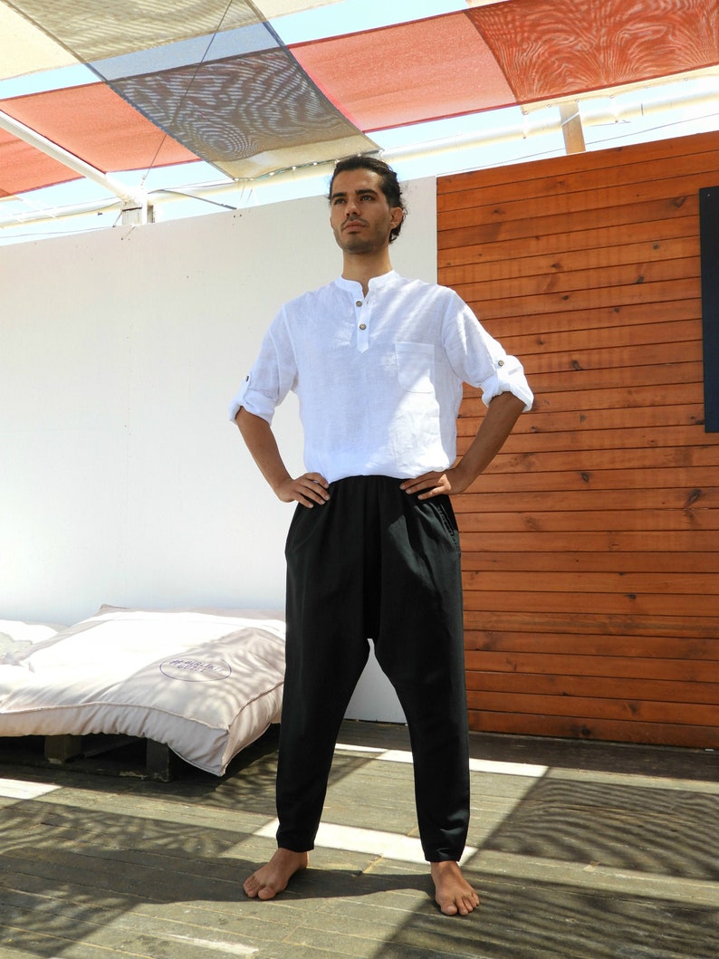 Mens Linen Blend Harem Pants: Drop Crotch Sarouel Trousers image 1