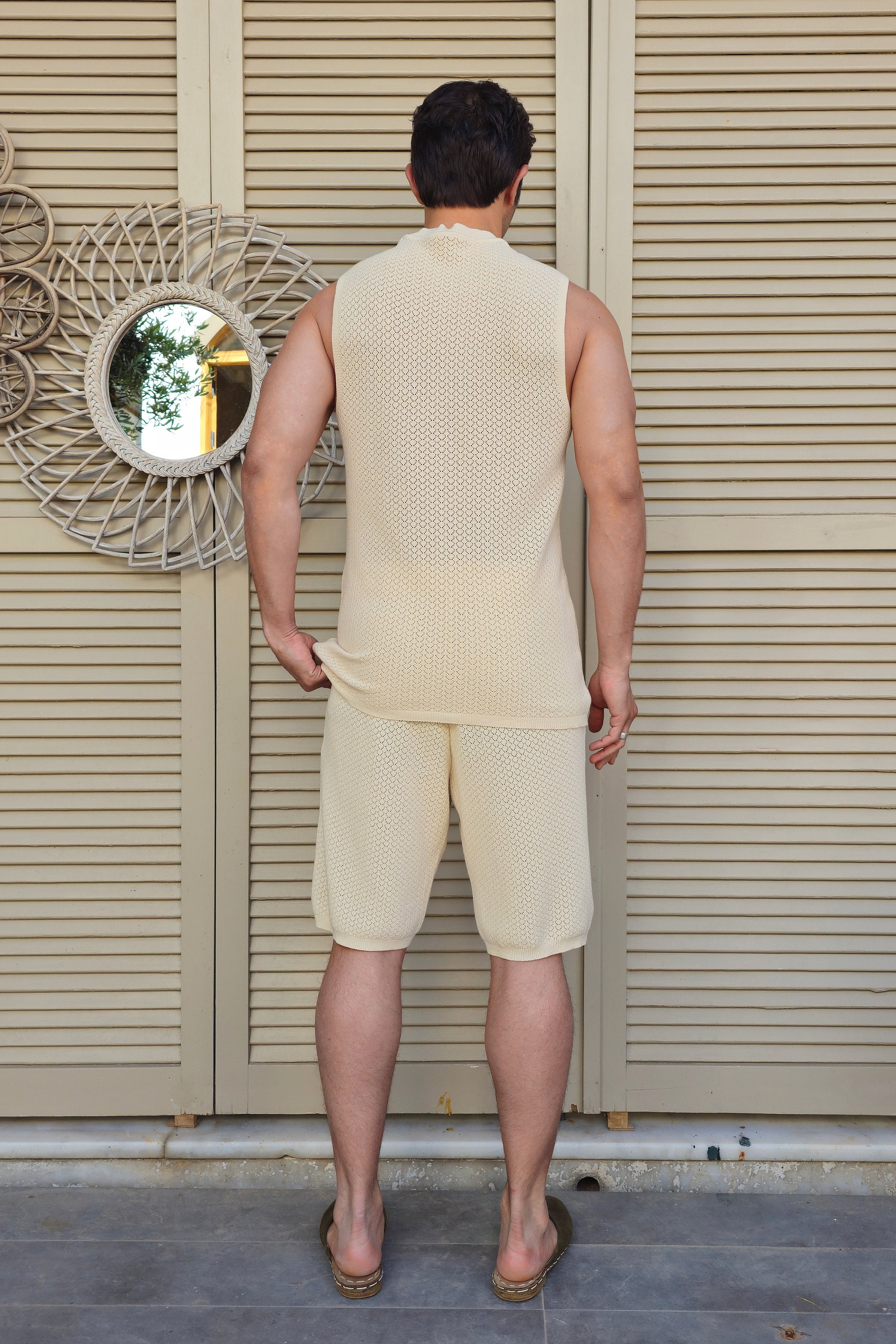 トップス Kamiya mens summer knit Mens Knit Shorts Set, Knit Tank Top, Knit Shirt Men, Men's