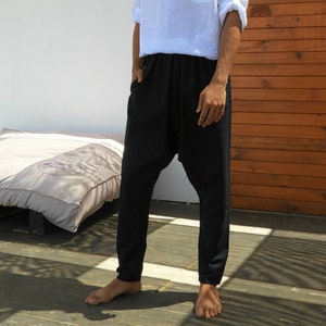 Mens Linen Blend Harem Pants: Drop Crotch Sarouel Trousers image 5