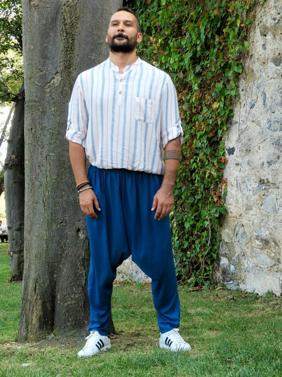 Harem Pants Men Blue, Big & Tall Viscose Pants, Festival Pants Men