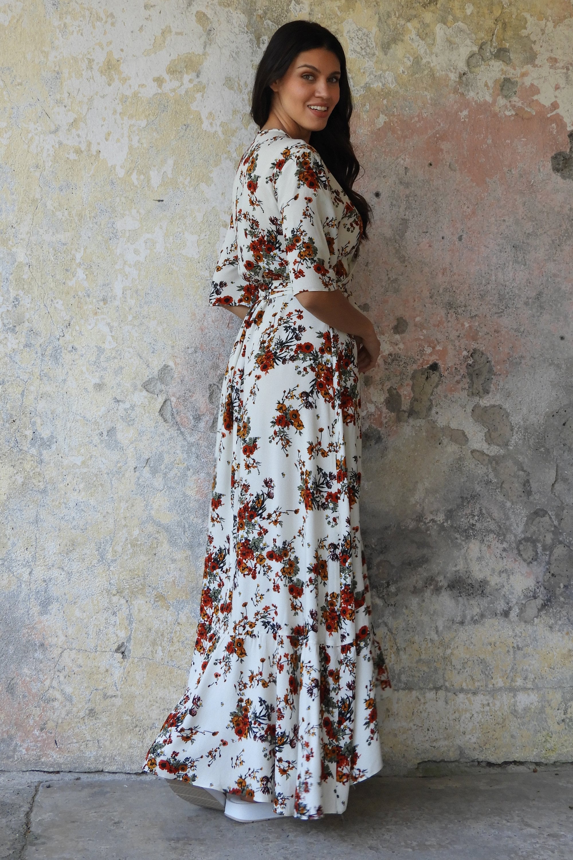 green emerald velvet dress Cream floral tiered maxi dress – Bella by Grace Co main image 0