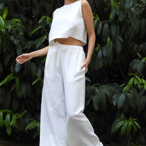 White Organic Linen Palazzo Pants: Women's Wide Leg Summer Trousers image 2