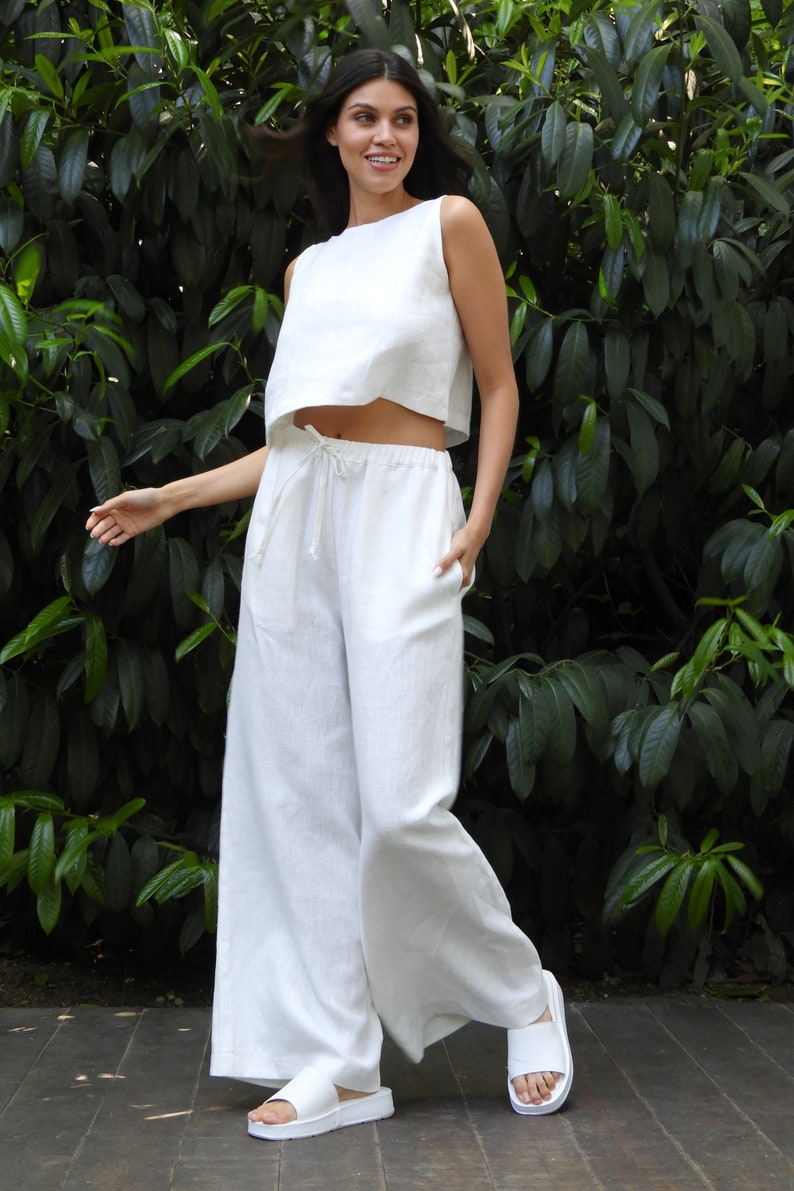 White Organic Linen Palazzo Pants: Women's Wide Leg Summer Trousers image 2
