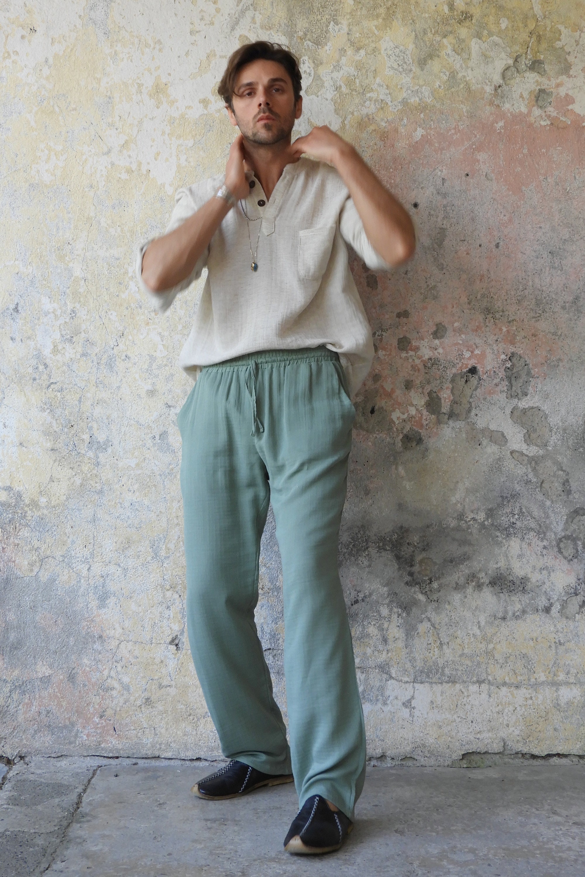 Mens Summer Pants, Organic Cotton Gauze Pants, Beach Pants