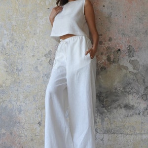 White Organic Linen Palazzo Pants: Women's Wide Leg Summer Trousers image 4