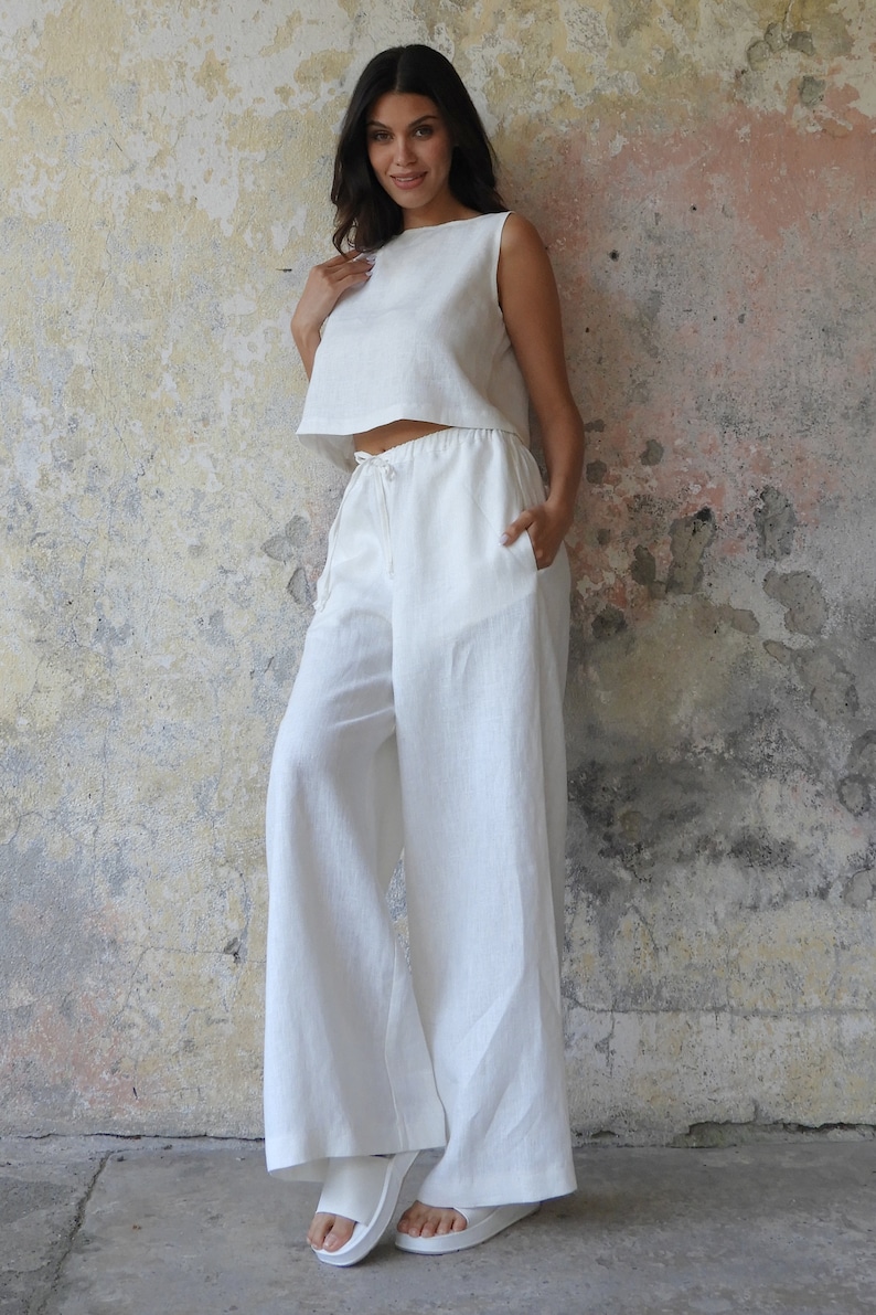 White Linen Pants Women, Wide Leg Linen Pants, Palazzo Pants White
