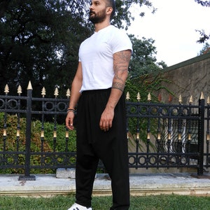 Black Harem Pants Men: Tall Drop Crotch Yoga Pants image 3