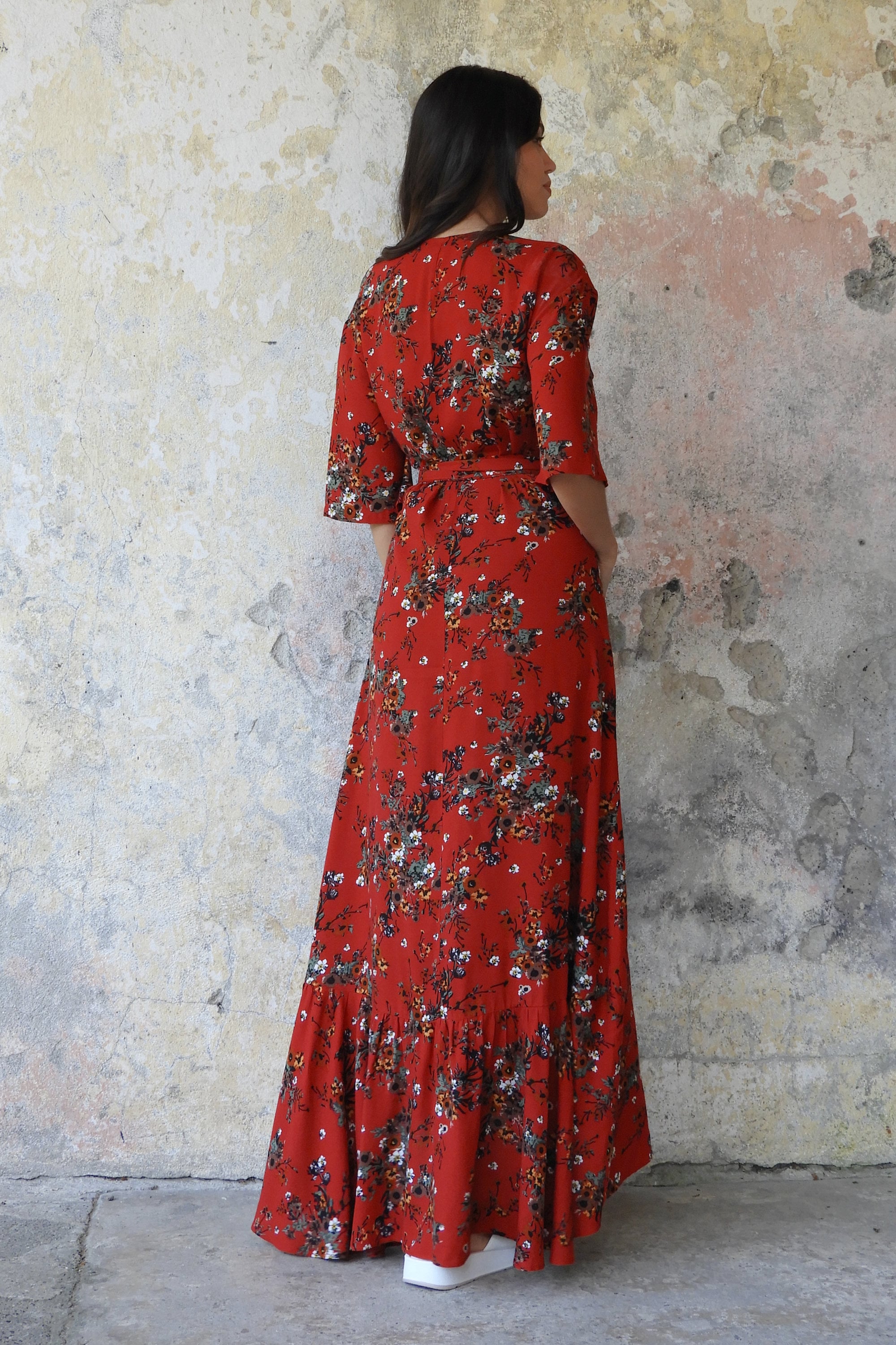 red floral wrap maxi dress Red Floral Print Dress - Wrap Dress - Maxi Dress - Ruffled Dress