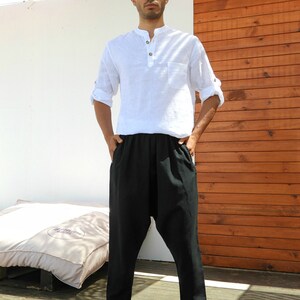 Mens Linen Blend Harem Pants: Drop Crotch Sarouel Trousers image 2