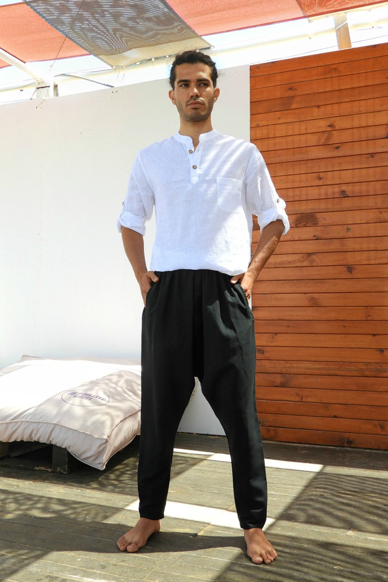 Mens Linen Blend Harem Pants: Drop Crotch Sarouel Trousers image 2