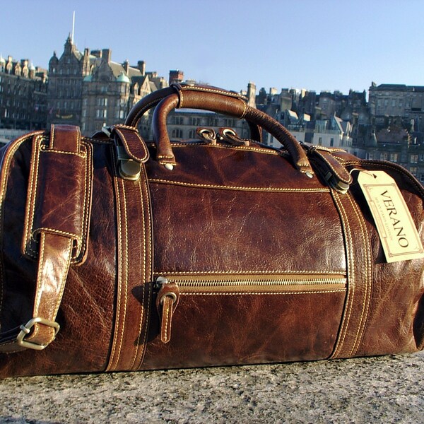 Sale: Full-Grain Genuine Italian Leather Duffle Weekend Gym Travel Flight Cabin Bag Holdall Mens Birthday Gift Chestnut Brown Verano