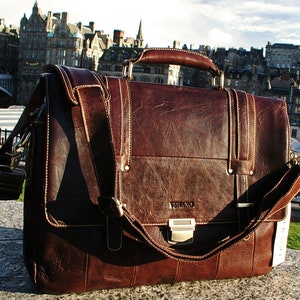 New Italian Leather Briefcase Shoulder Messenger Business Designer Bag Mens Mans Gift Mocha Dark Brown Real Thick Full Grain Verano