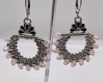 Beautifully finished hand beaded fan earrings made with pink rose Swarovski crystals.