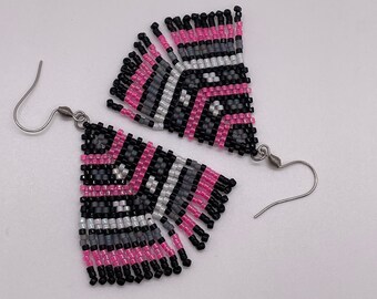 Beautifully finished hand beaded fringe earrings in turquoise or pink, grey, black and white.