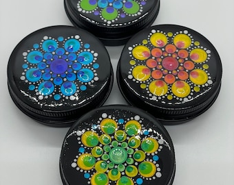 ADORABLE small 2.05" round hand-painted mandala screw-top tins!