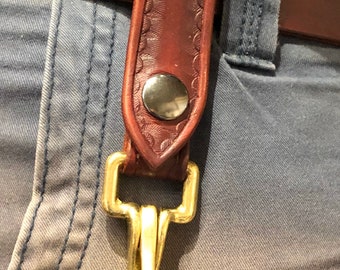 Handmade natural full grain leather belt key fob key holder with solid brass halter snap available in assorted colors for purse or belt.