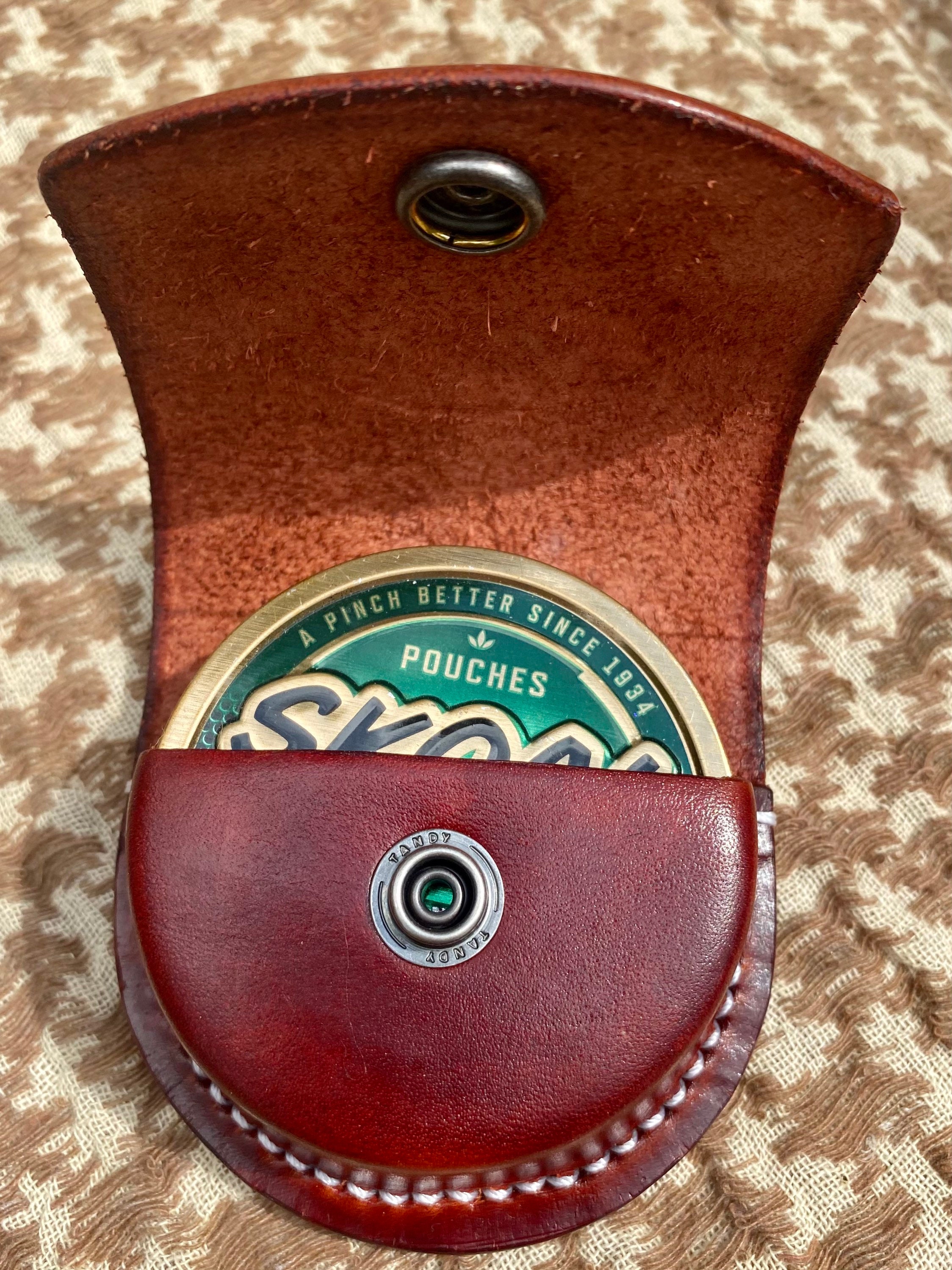 Swedish SNUS or ZYN Dip Can Holder Holster With Belt Clip Made of  Hand-stitched Natural Full Grain Leather in Traditional or Fashion Colors.  