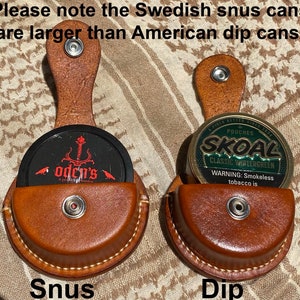 Swedish SNUS or ZYN dip can holder holster with belt clip made of hand-stitched natural full grain leather in traditional or fashion colors. image 2