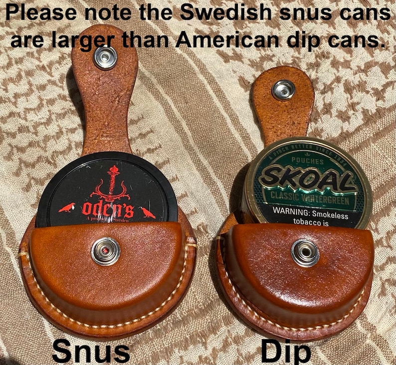 Swedish SNUS or ZYN dip can holder holster with belt clip made of hand-stitched natural full grain leather in traditional or fashion colors. image 2