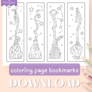 May include: Four black and white coloring page bookmarks featuring whimsical broom designs with stars and moons. The text "coloring page bookmarks" and "DOWNLOAD" are also visible.