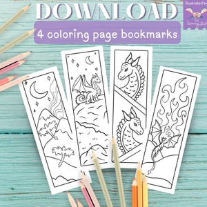 May include: Four black and white dragon-themed coloring page bookmarks with pencils. The bookmarks feature various dragon designs, including dragons with wings, mountains, and flames. The text "DOWNLOAD" and "4 coloring page bookmarks" are visible.