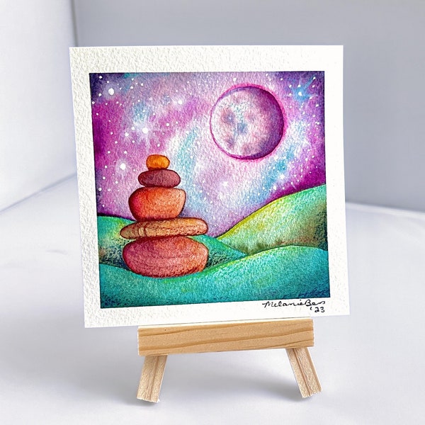 Original Watercolor Full Moon Landscape Painting, Handpainted Miniature Wall Art For Nature Lovers, Stacked Stones Art Signed By The Artist