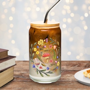 Mushrooms + Wildflowers Iced Coffee Glass With Lid + Metal Straw - Cottagecore Mushroom Glass Can