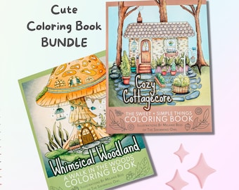 Cute Coloring Book Bundle For Adults, Whimsical Woodland + Cozy Cottagecore Colouring Books | Relaxing Art Gift