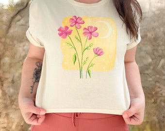 Cosmo Flowers Crop Top - Flores silvestres + Camisa Crescent Moon - Linda camiseta Cottagecore