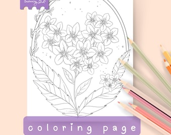忘れな草の花の大人向けぬり絵ページ（印刷可能）、かわいいコテージコア春庭ぬり絵ページ
