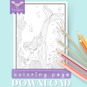 Mermaid Coloring Page Printable, Fantasy Siren + Seashell Adult Coloring Page