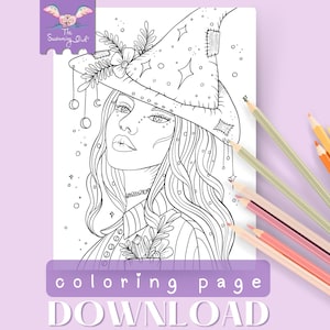 May include: A black and white line art coloring page of a witch with a pointed hat and long hair. The witch is wearing a necklace and a long-sleeved shirt with a floral design. The background is filled with stars and circles.