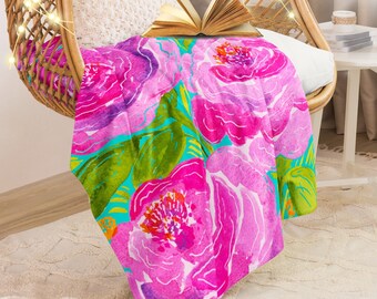 Hot Pink Peonies Sherpa Blanket For Whimiscal + Colorful Cottagecore Rooms | Floral Bedroom Decor | Cozy Pink Dorm Blanket