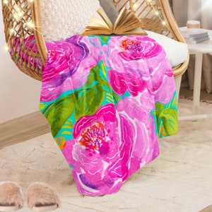 Hot Pink Peonies Sherpa Blanket For Whimiscal + Colorful Cottagecore Rooms | Floral Bedroom Decor | Cozy Mother's Day Gift