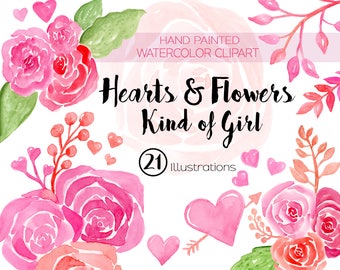 Hearts and Flowers Watercolor Clipart - Mothers Day Clipart - Floral Wreath - Love Clipart - Valentines - Pink Flowers - Romantic Clipart